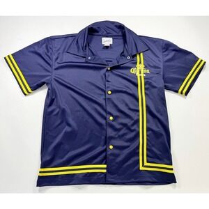 Vintage Corona Extra Men's XL Bowling Shirt Navy Blue Yellow Stripe